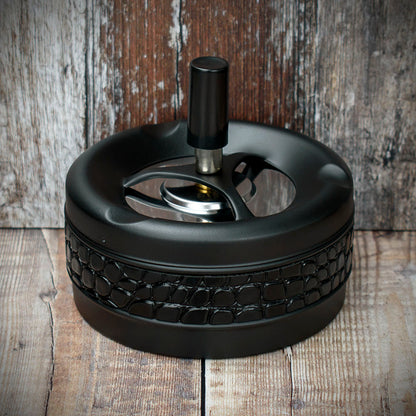 Spinner Ashtray - Matt Black and Croc Leather  - 11cm